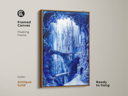 Framed canvas print featuring blue monochrome castle artwork. The art is displayed in an antique gold floating frame. This piece is ready to hang bringing a vintage and luxurious feel to any room.