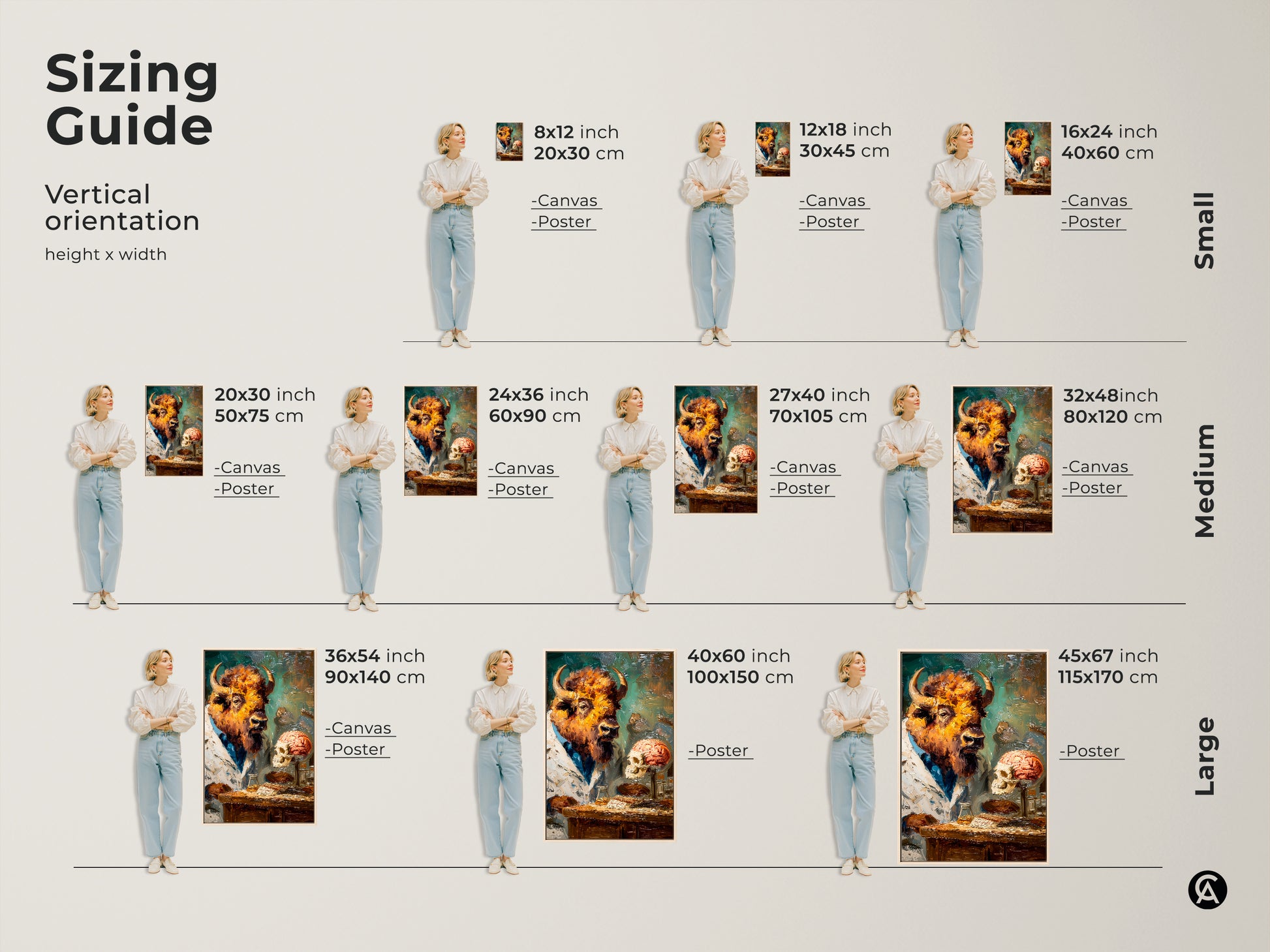 A vertical orientation sizing guide shows different sizes of the canvas and poster. The artwork is a bison head scientist wearing a lab coat. The sizes range from small medium and large.