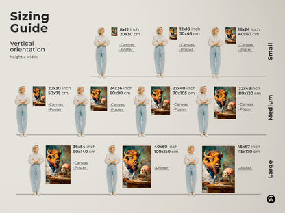 A vertical orientation sizing guide shows different sizes of the canvas and poster. The artwork is a bison head scientist wearing a lab coat. The sizes range from small medium and large.
