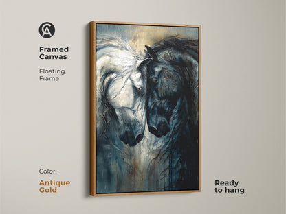 Framed Canvas Pegasus Horse Wall Artwork. The indigo and black equine painting has an antique gold floating frame. It is ready to hang horse lover gift decor. Dark academia aesthetic.