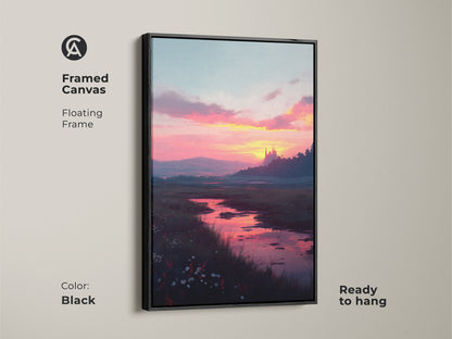 Framed canvas of a sunset river landscape art with a black floating frame. This ready-to-hang piece brings a scenic view to any room. The artwork features a serene river scene with a castle silhouette against a vibrant sunset.