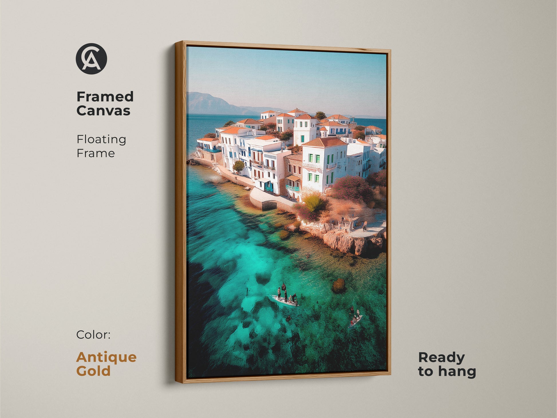 Framed canvas of a coastal island village artwork with an antique gold floating frame. The turquoise water aerial seascape print adds Mediterranean charm to any space. It’s ready to hang. This travel-inspired art showcases a scenic island village.