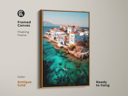 Framed canvas of a coastal island village artwork with an antique gold floating frame. The turquoise water aerial seascape print adds Mediterranean charm to any space. It’s ready to hang. This travel-inspired art showcases a scenic island village.