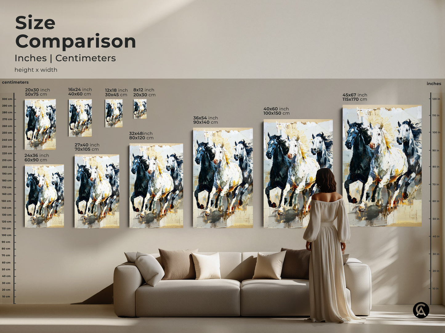 Compare sizes of this striking horse artwork to find the ideal piece for your space. This image compares sizes in inches and centimeters. The impressionistic horse print will add a touch of wildlife to any room. Perfect as a gift for horse lovers and equestrian decor enthusiasts.