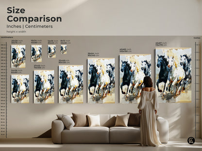 Compare sizes of this striking horse artwork to find the ideal piece for your space. This image compares sizes in inches and centimeters. The impressionistic horse print will add a touch of wildlife to any room. Perfect as a gift for horse lovers and equestrian decor enthusiasts.