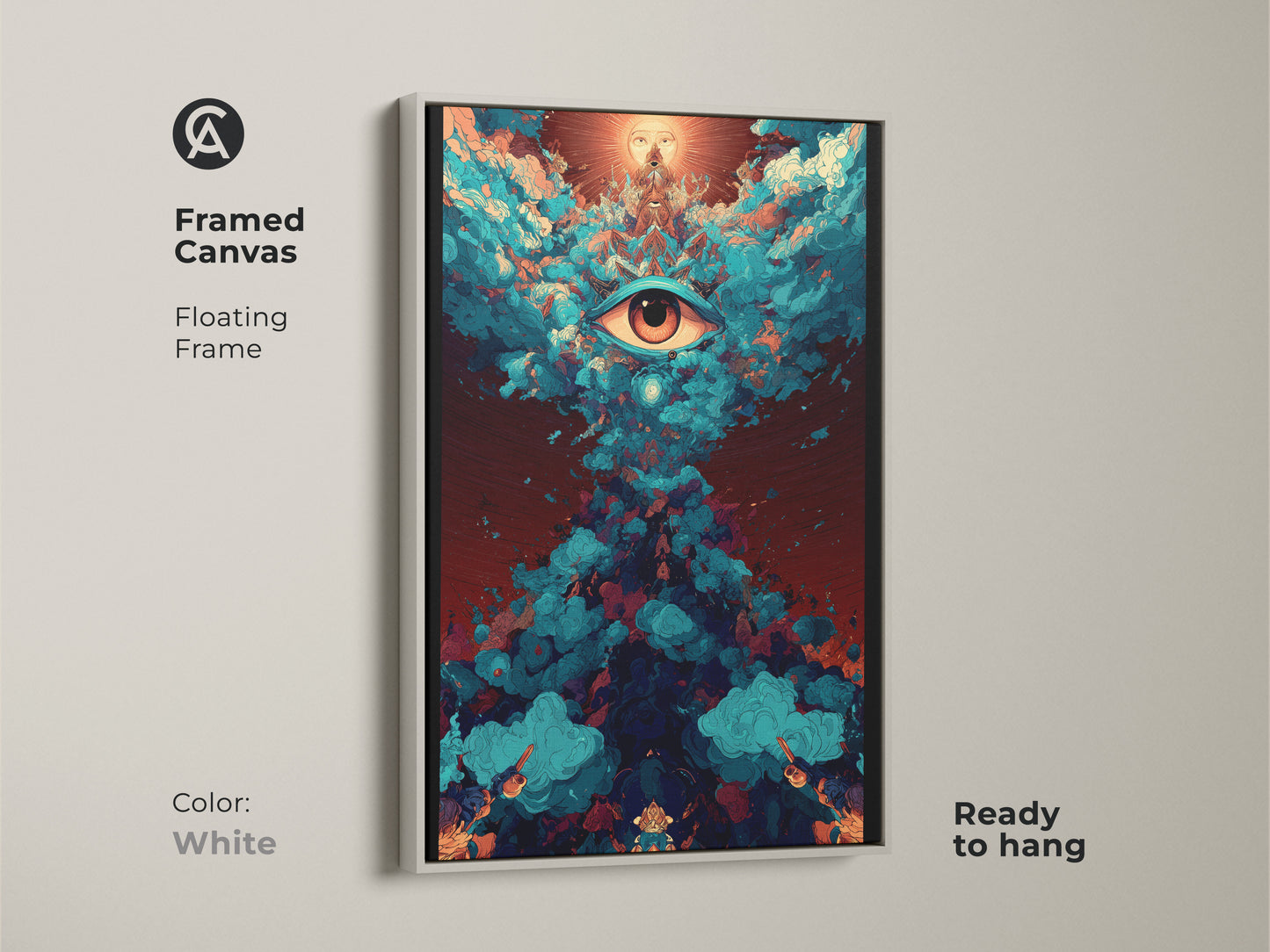 White framed canvas art features a surreal eye. Floating frame highlights the psychedelic artwork. Ready-to-hang spiritual abstract art brings unique energy. Teal and orange bring cosmic energy. Perfect eclectic home decor.