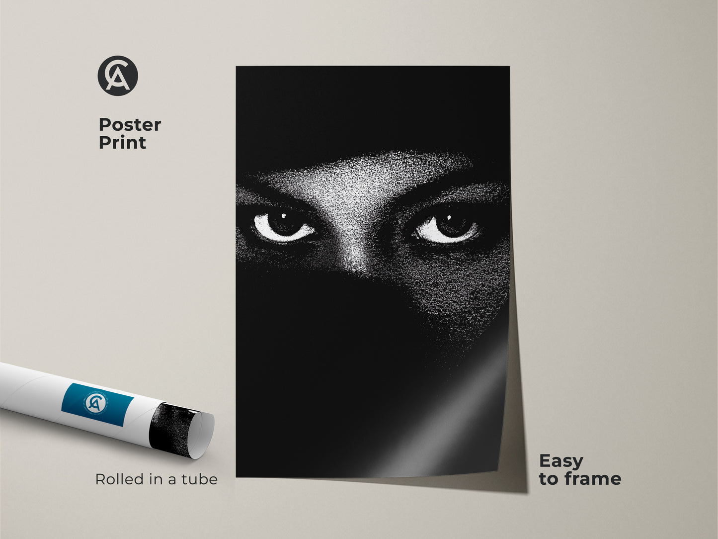 Poster print of monochrome eyes wall art. The abstract face canvas print is minimalist portrait art. Black and white bedroom decor is contemporary living room art. High contrast artwork offers a modern abstract print. The mystery themed art is easy to frame in neutral wall decor.