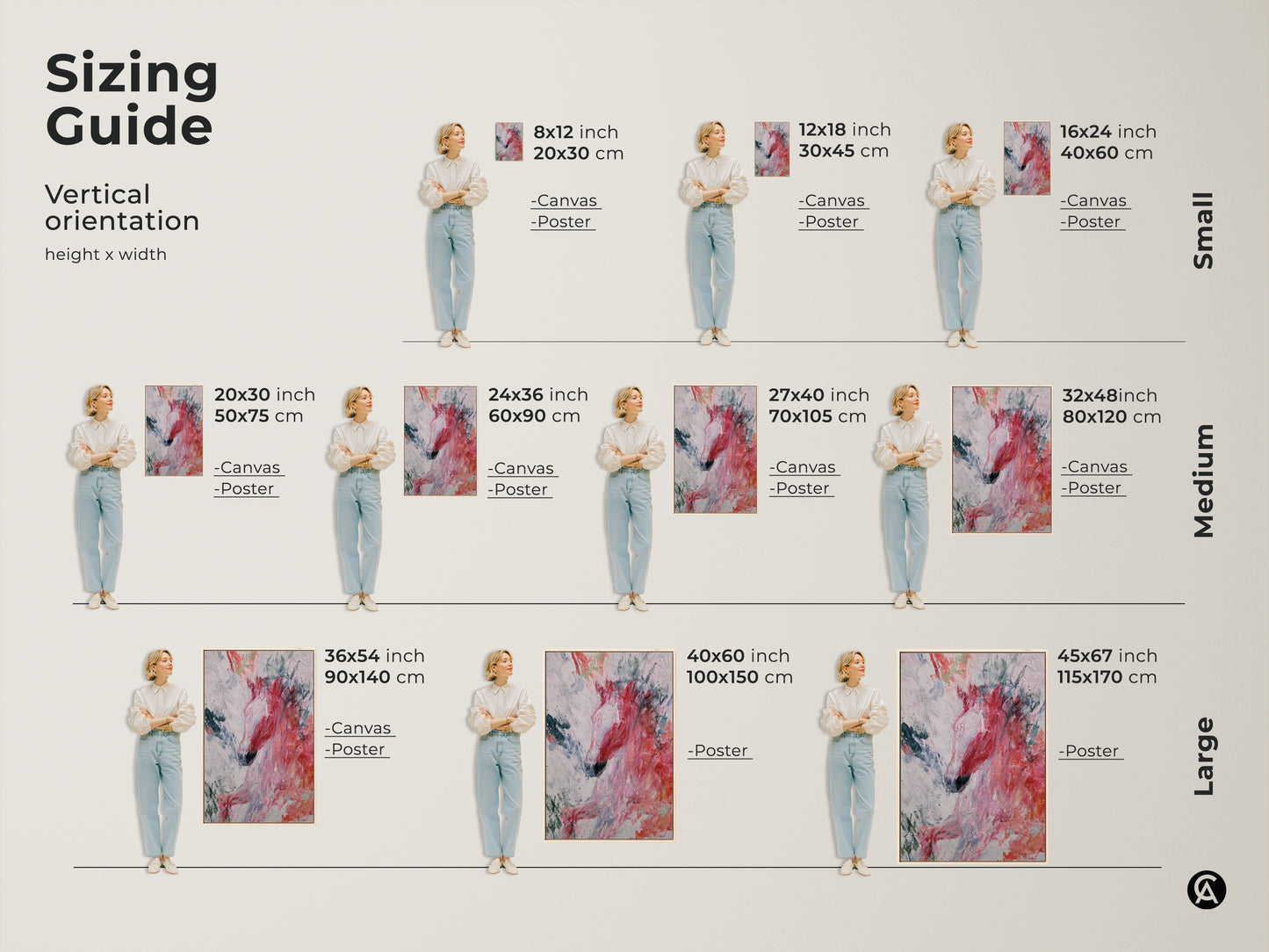 A sizing guide for abstract horse artwork. It shows various vertical orientations and sizes available as both canvas and poster prints. This guide helps you visualize how the coral teal and pink expressive animal art will fit in your space. Perfect for adding a modern eclectic touch to your bedroom wall hanging.