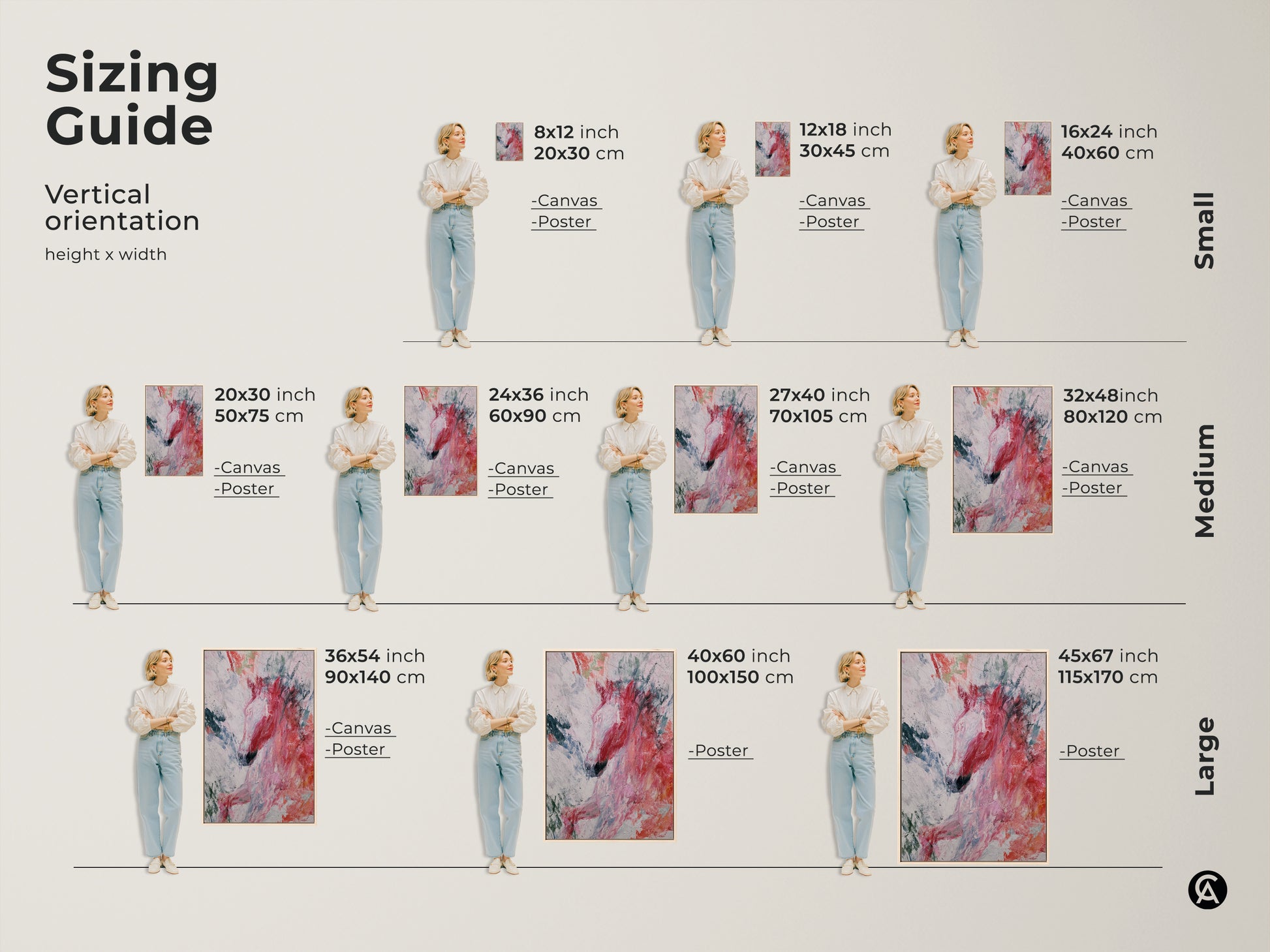 A sizing guide for abstract horse artwork. It shows various vertical orientations and sizes available as both canvas and poster prints. This guide helps you visualize how the coral teal and pink expressive animal art will fit in your space. Perfect for adding a modern eclectic touch to your bedroom wall hanging.
