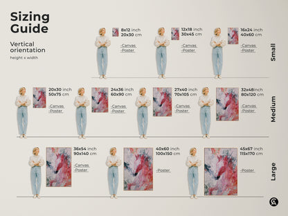 A sizing guide for abstract horse artwork. It shows various vertical orientations and sizes available as both canvas and poster prints. This guide helps you visualize how the coral teal and pink expressive animal art will fit in your space. Perfect for adding a modern eclectic touch to your bedroom wall hanging.