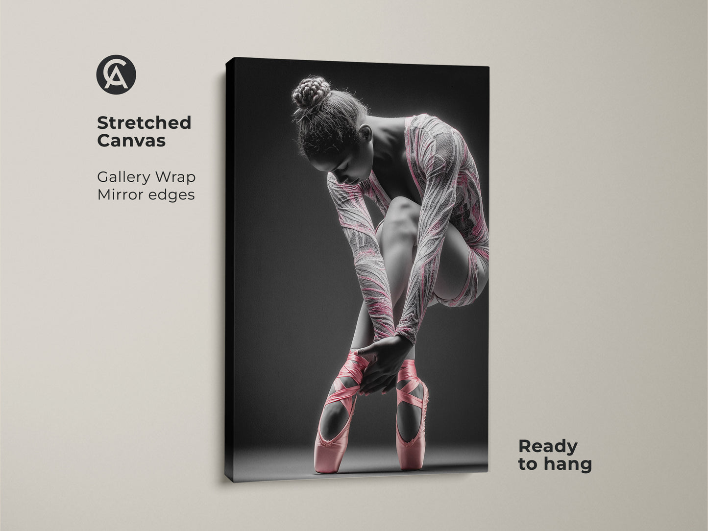 Stretched canvas art of a ballerina. Gallery wrapped with mirrored edges. The artwork shows a ballerina tying her pink ballet shoes. This canvas is ready to hang. A perfect piece for dance lovers.