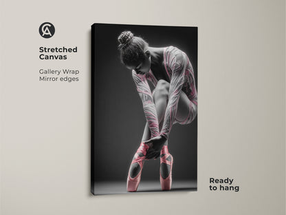 Stretched canvas art of a ballerina. Gallery wrapped with mirrored edges. The artwork shows a ballerina tying her pink ballet shoes. This canvas is ready to hang. A perfect piece for dance lovers.