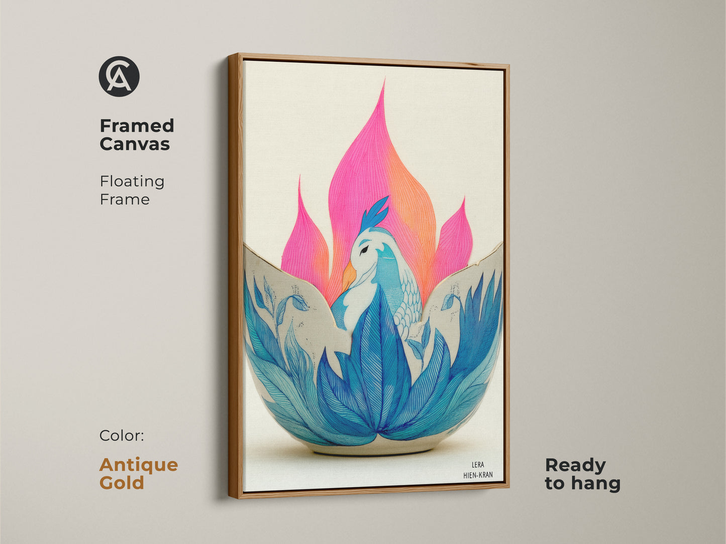 Framed Canvas Phoenix Art in a Floating Antique Gold Frame. Displaying a blue bird and lotus floral art this folk art abstract brings a unique touch. The art is a perfect housewarming gift. Ready to hang and bring beauty.