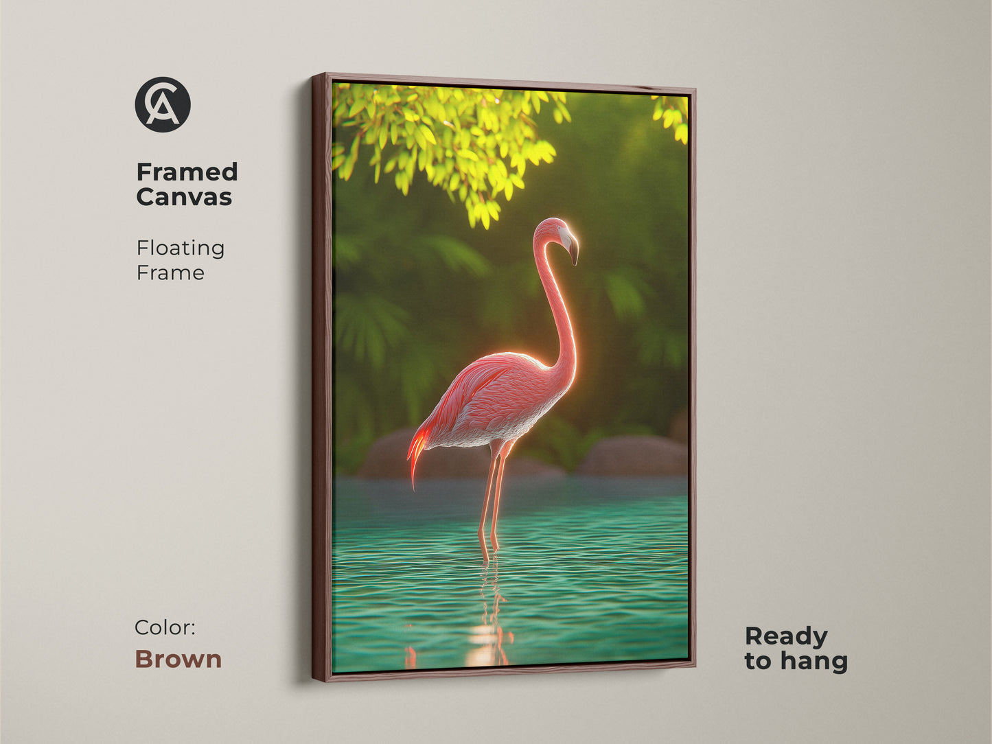 Framed canvas featuring a pink flamingo tropical bird wall art piece. The floating brown frame adds a touch of warmth. Teal green nature art is perfect for boho home decor. This exotic animal art is ready to hang. It is a great housewarming gift for her.
