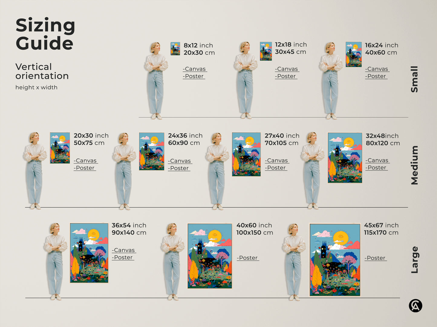 Sizing Guide for the Eye See You art print. Available in small medium and large sizes. Choose from canvas or poster print options. Find the perfect size to fit your space and style.