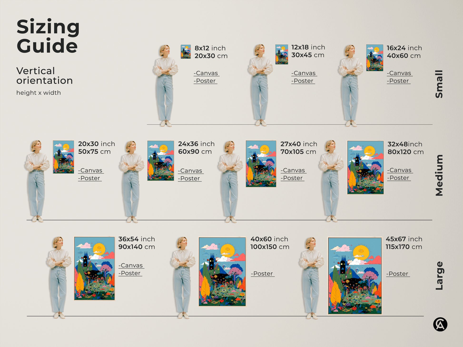 Sizing Guide for the Eye See You art print. Available in small medium and large sizes. Choose from canvas or poster print options. Find the perfect size to fit your space and style.