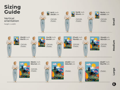 Sizing Guide for the Eye See You art print. Available in small medium and large sizes. Choose from canvas or poster print options. Find the perfect size to fit your space and style.