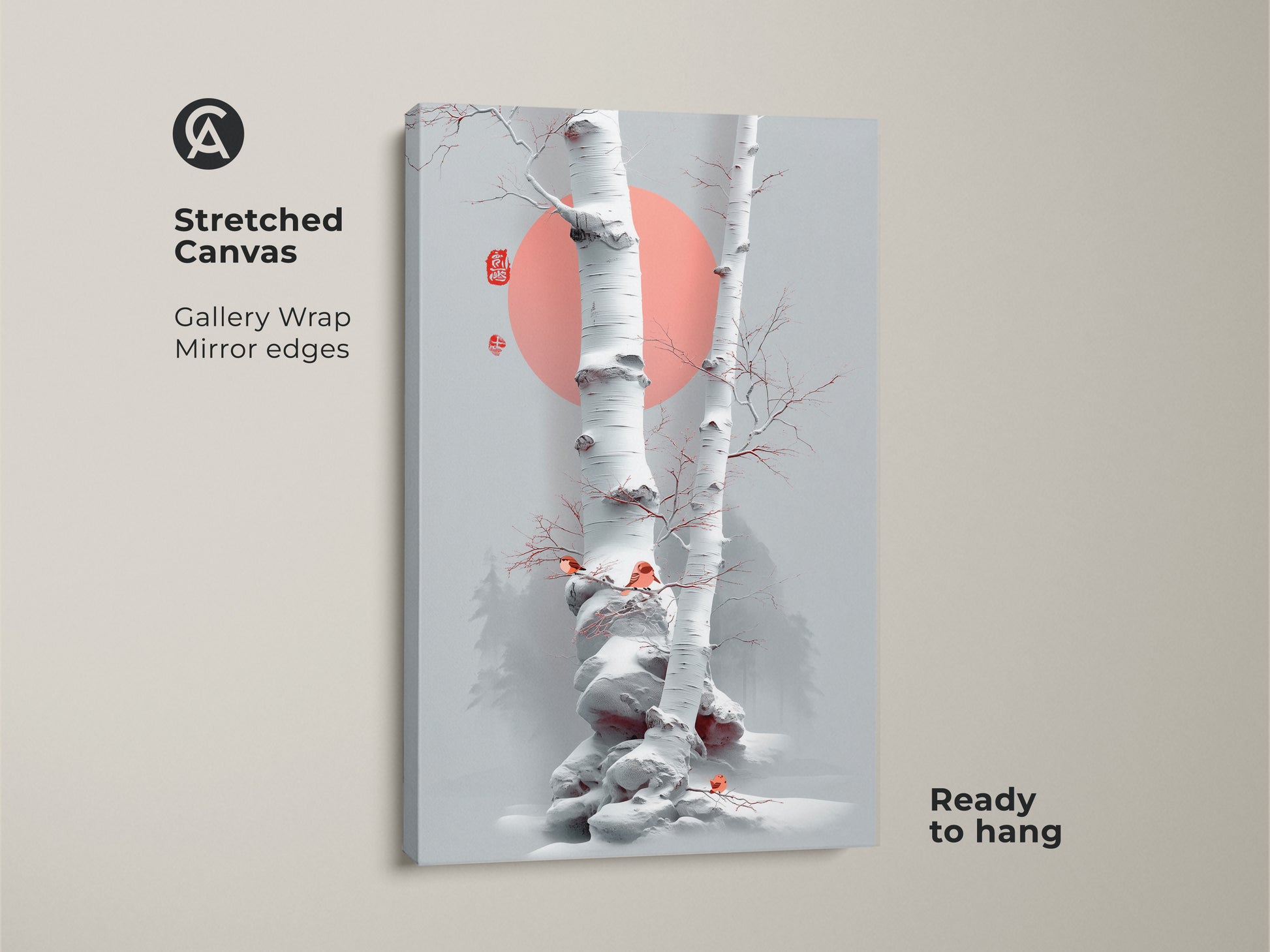 Stretched canvas featuring minimalist birch tree artwork. Scandinavian winter birds add charm to this Japanese ink nature art. The gallery wrap and mirror edges enhance the coral sun wall decor. It's ready to hang for instant elegance.