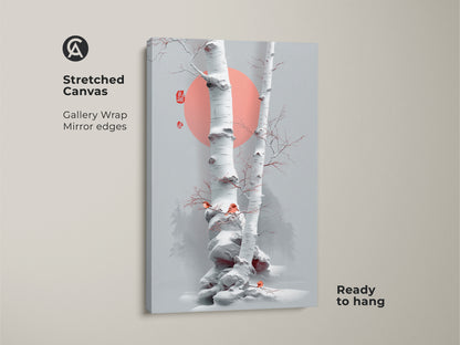 Stretched canvas featuring minimalist birch tree artwork. Scandinavian winter birds add charm to this Japanese ink nature art. The gallery wrap and mirror edges enhance the coral sun wall decor. It's ready to hang for instant elegance.