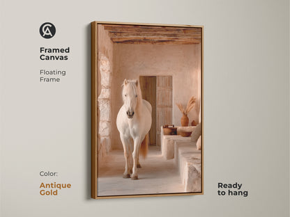 Antique gold framed canvas print. A cream tan beige horse in a rustic interior offers a touch of elegance. This boho horse wall art comes ready to hang. Ideal for adding a neutral tone to your home. This animal nature artwork is a perfect housewarming gift.