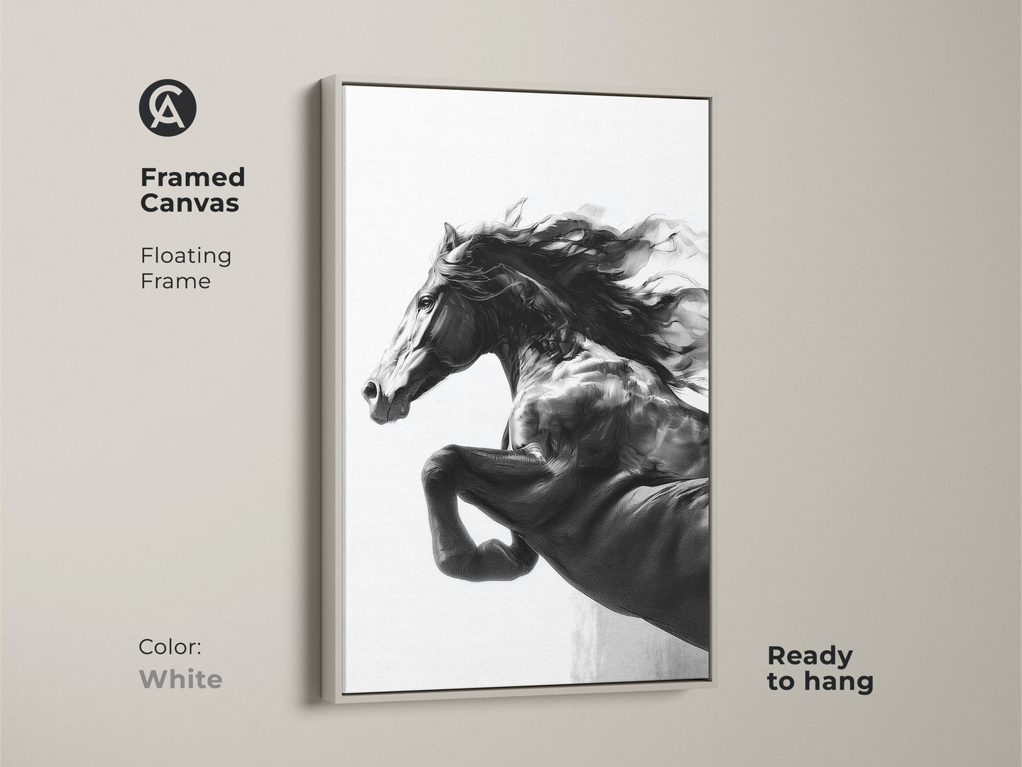 A framed canvas showcasing monochrome horse art in a white floating frame. This black and white stallion artwork is ready to hang. Add contemporary animal decor to your space. A perfect gift for horse enthusiasts. A modern wildlife print.