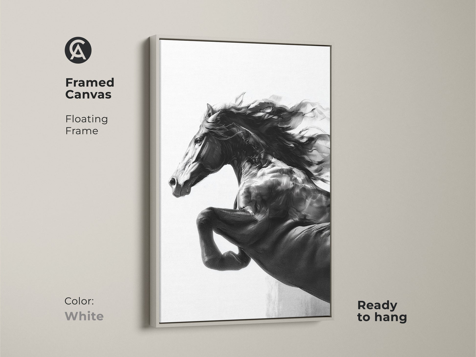 A framed canvas showcasing monochrome horse art in a white floating frame. This black and white stallion artwork is ready to hang. Add contemporary animal decor to your space. A perfect gift for horse enthusiasts. A modern wildlife print.
