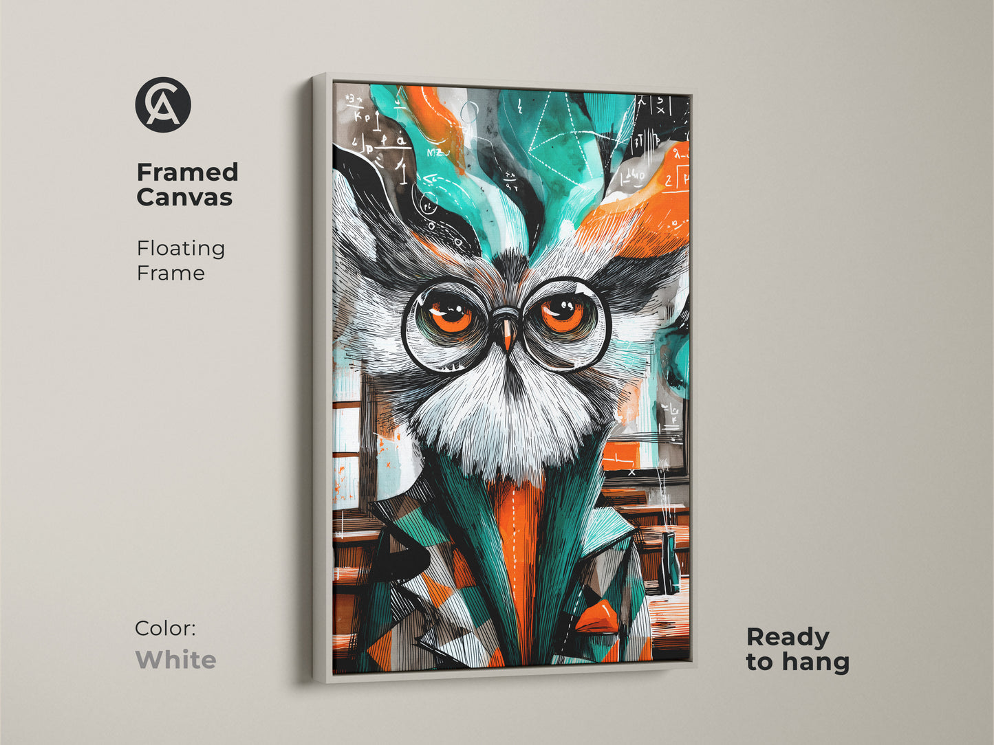 The white framed canvas features an abstract owl. It wears glasses amidst math formulas. This wall art is perfect for adding an academic touch to any room. Ideal as a professor gift or for owl lovers. Its orange and teal hues bring a modern eclectic vibe.