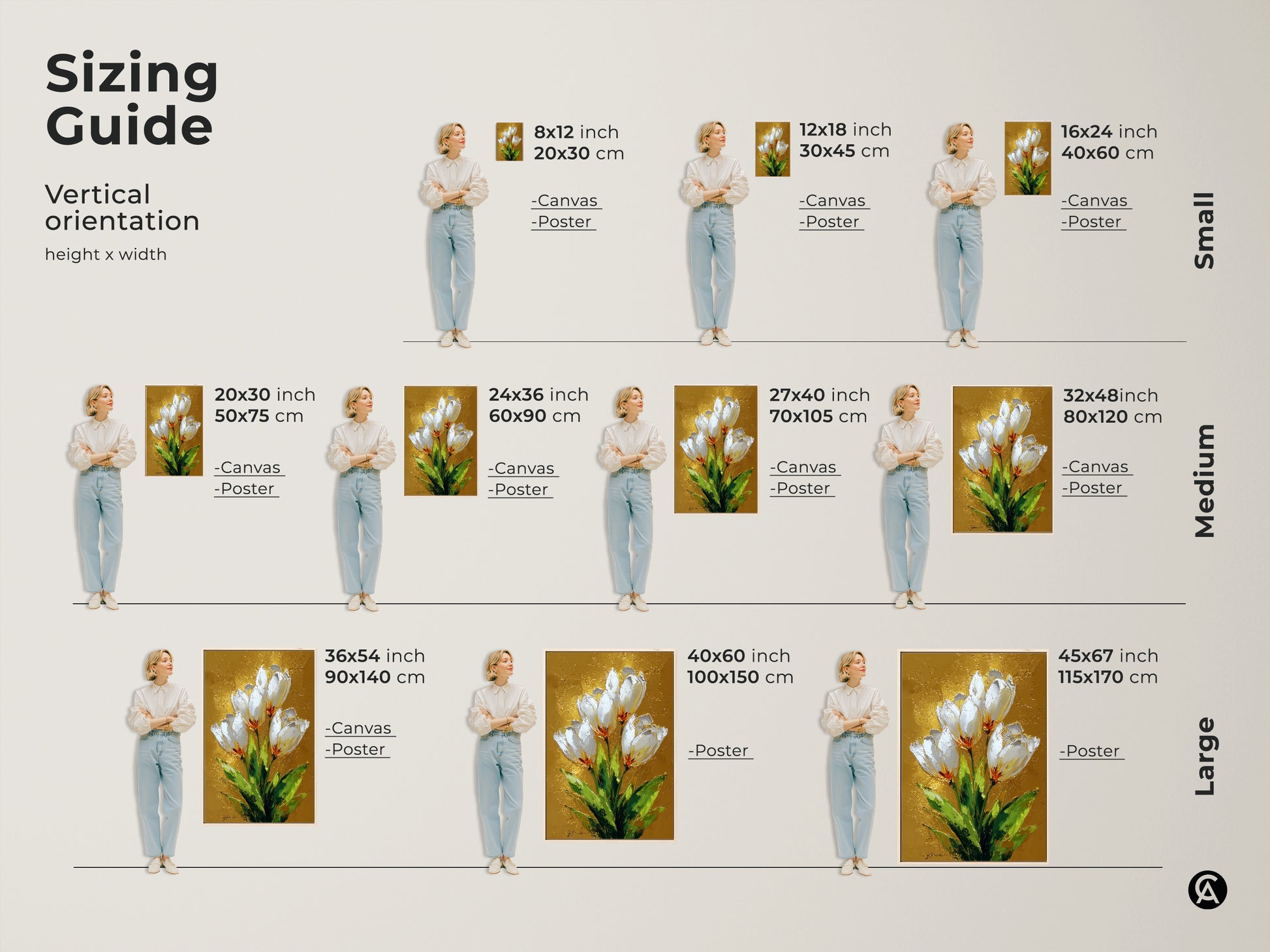 Sizing guide for white tulip canvas and poster art prints. Visualize different sizes with a model for small medium and large options. Perfect contemporary home decor.