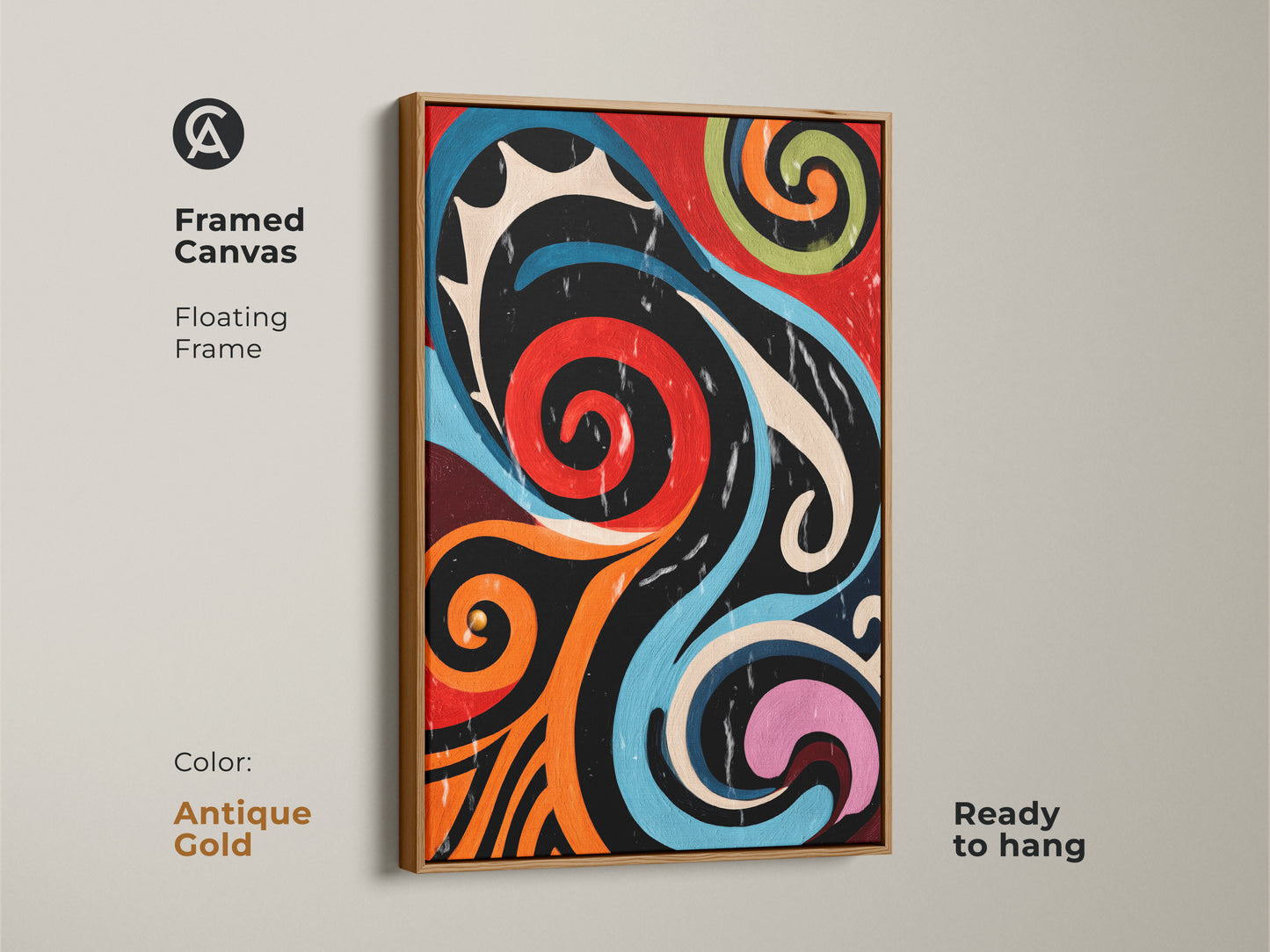 The antique gold framed canvas presents vibrant abstract art. Retro swirls in red orange and blue create a mid-century modern style. Ready to hang the artwork brings an eclectic flair. Geometric shapes add a unique touch to any office or living room wall.