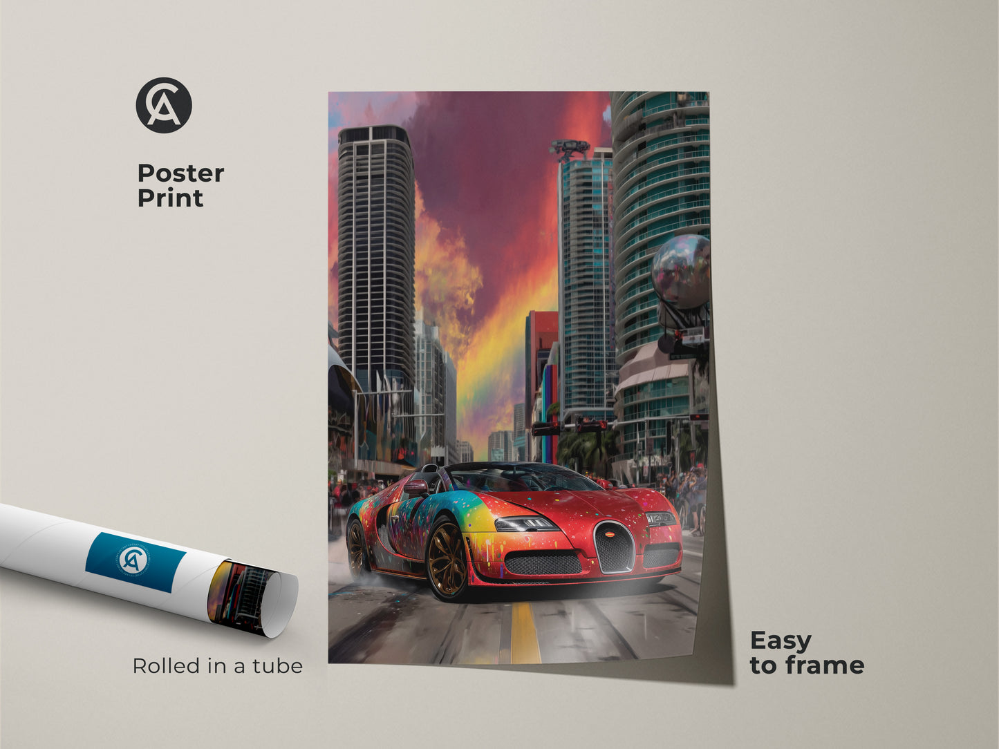 Poster Print displaying a vibrant red sports car with rainbow accents. The poster is rolled in a tube. Easy to frame. The artwork blends urban art with a love for vehicles. The abstract graffiti and cityscape make this a unique piece. This contemporary car art is ideal for any car enthusiast. It's a colorful addition to modern decor. Brighten your space with this street art.