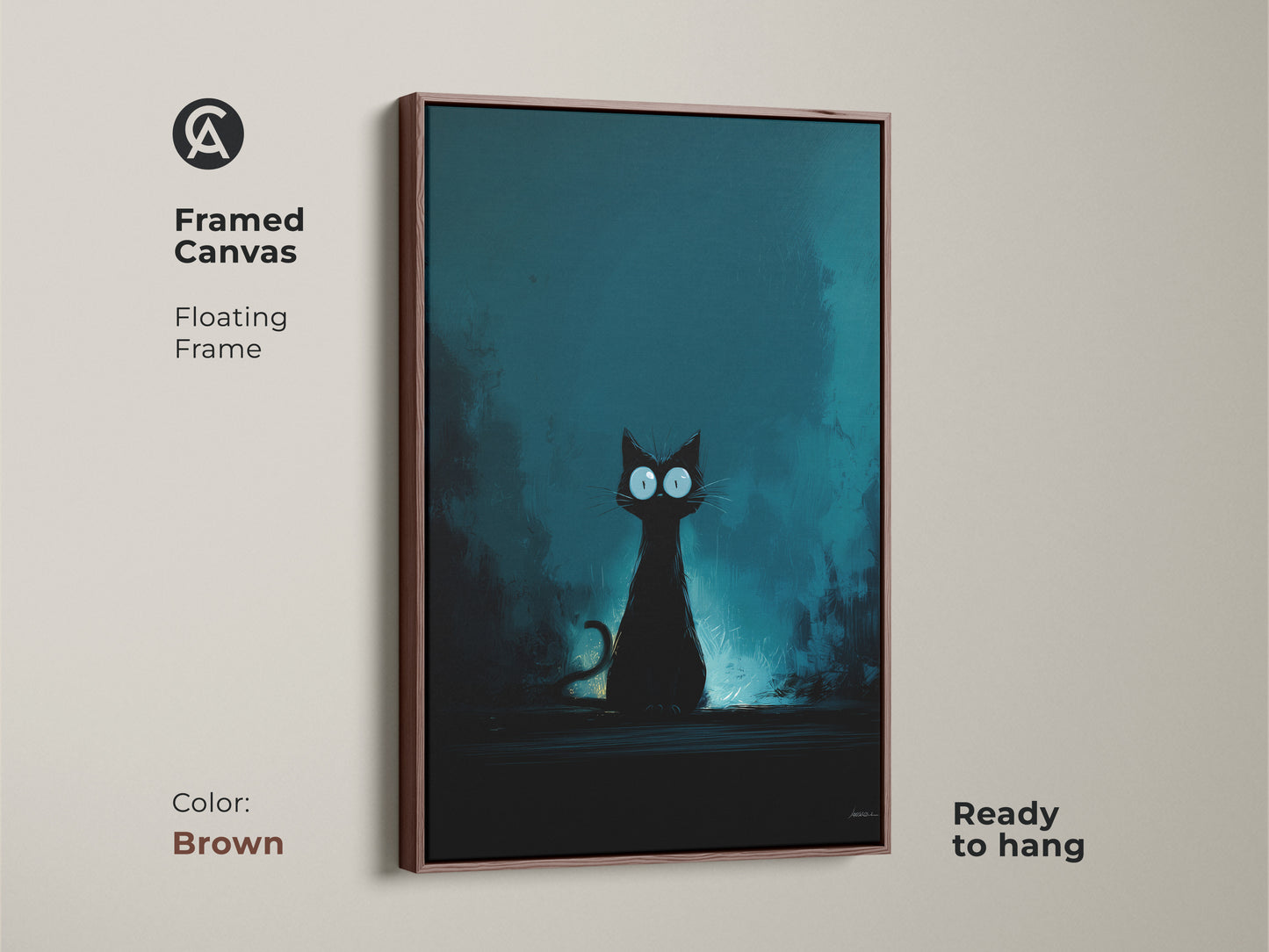 Framed canvas with a brown floating frame displaying a black cat art print. This feline fantasy artwork has a teal and dark blue color palette. Ready to hang it makes a great gift for cat lovers. It adds a whimsical touch to any room.