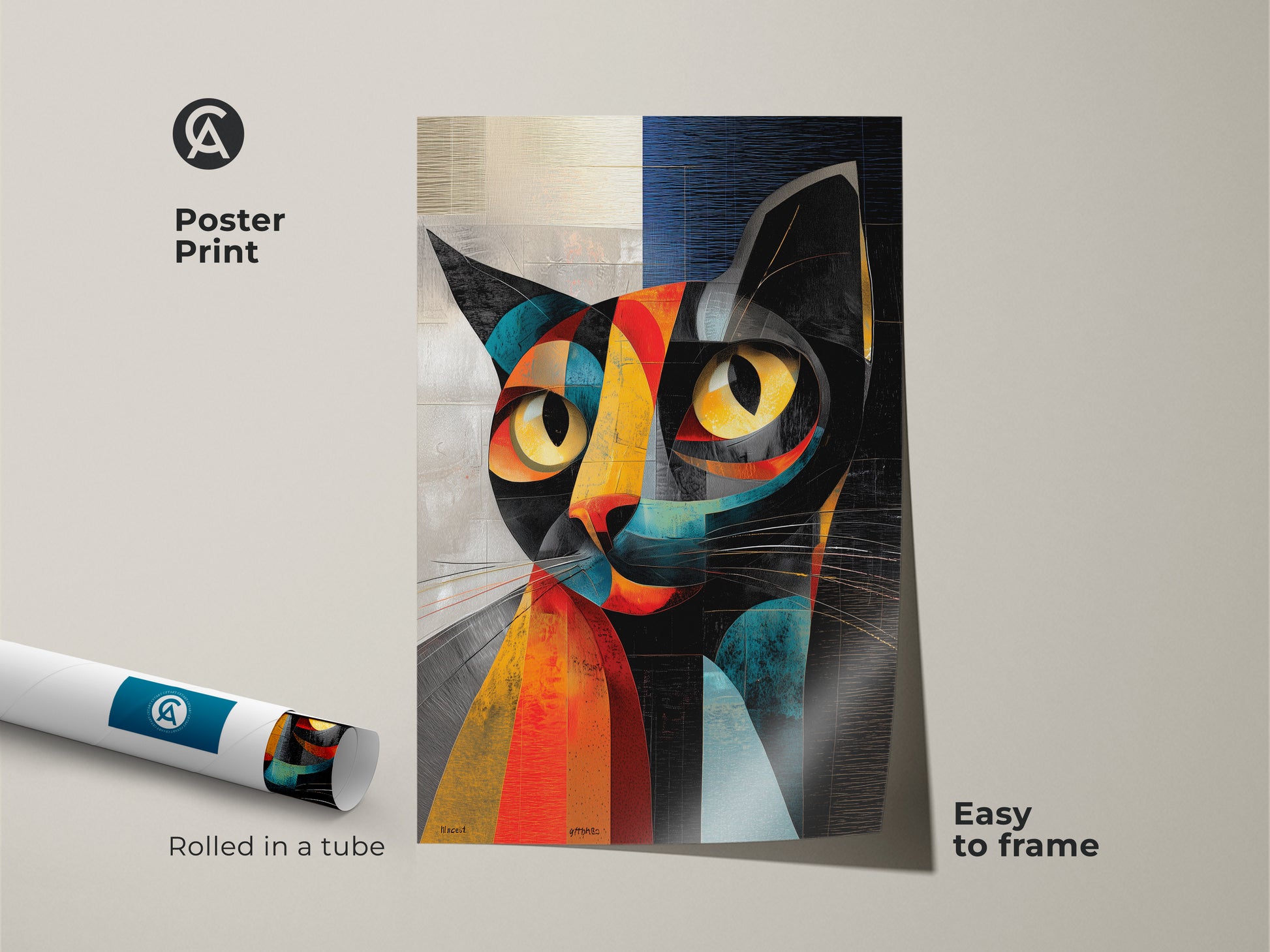 Poster print of an abstract cubist cat artwork rolled in a tube. This modern animal print is easy to frame. The geometric feline art features bold colors like yellow teal and red. A unique animal artwork perfect as a gift for cat lovers.