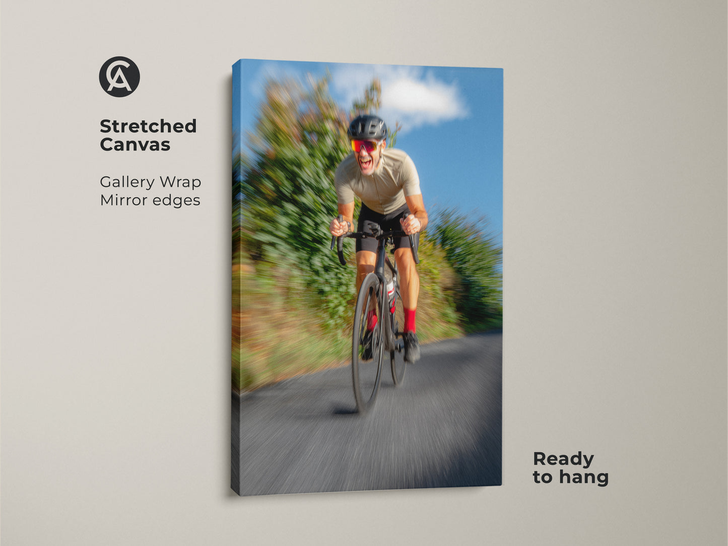 Stretched canvas featuring motion blur cycling art. Gallery wrapped with mirrored edges this blue grey artwork is ready to hang. It captures the speed and intensity of road cycling. Ideal sports art for a man cave or home gym.