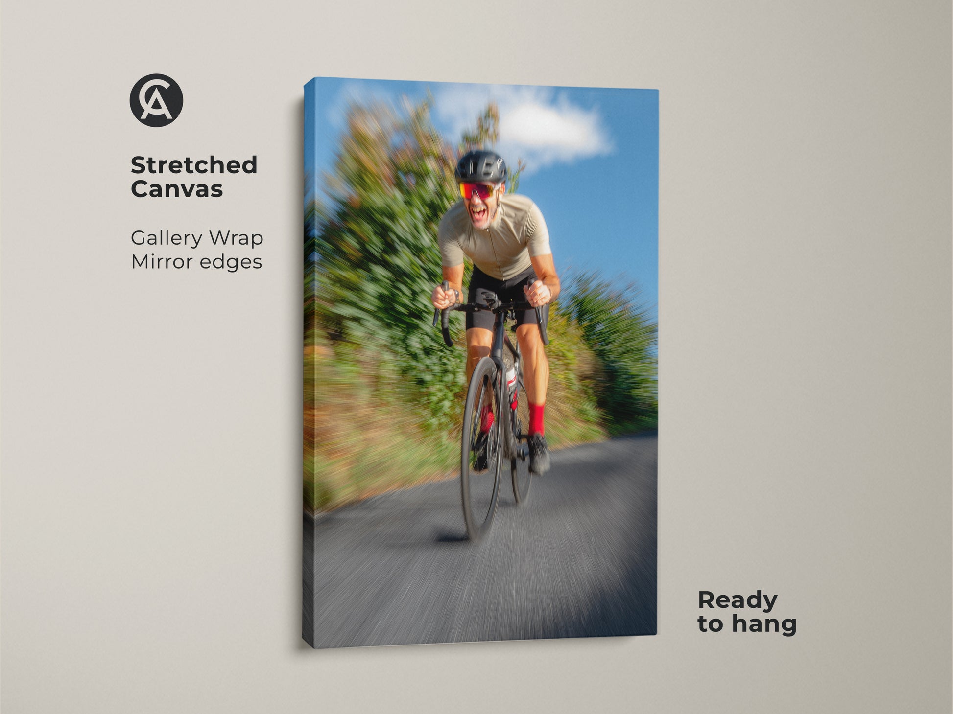 Stretched canvas featuring motion blur cycling art. Gallery wrapped with mirrored edges this blue grey artwork is ready to hang. It captures the speed and intensity of road cycling. Ideal sports art for a man cave or home gym.