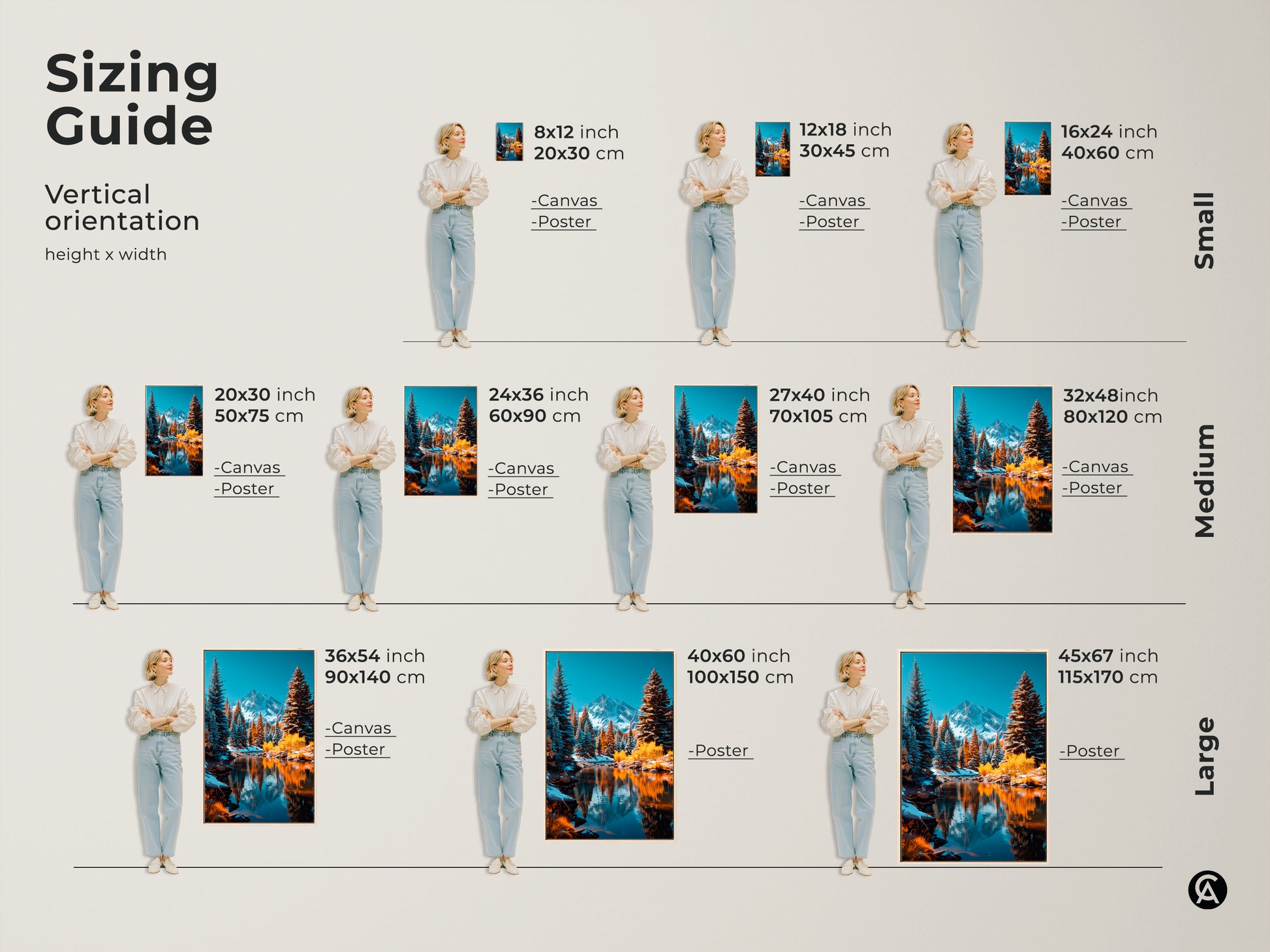Sizing guide for vertical winter mountain artwork. Sizes range from small to large. Available in canvas and poster prints. Artwork features a snow capped mountain and reflective lake. Find the perfect size for your space.