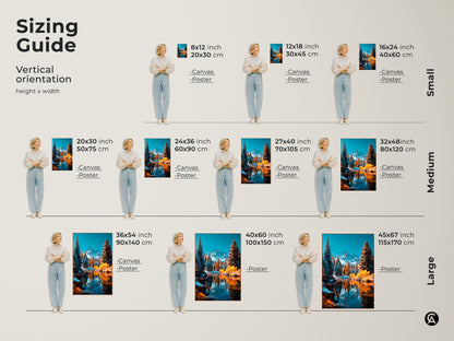 Sizing guide for vertical winter mountain artwork. Sizes range from small to large. Available in canvas and poster prints. Artwork features a snow capped mountain and reflective lake. Find the perfect size for your space.