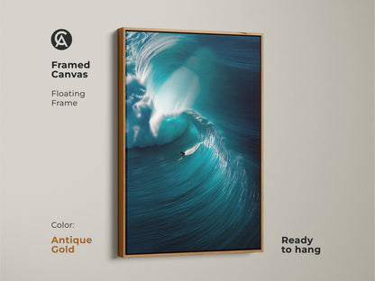 A surfer rides a large wave in this framed canvas art. The antique gold floating frame adds a touch of elegance. This ocean art print is ready to hang. The artwork captures the essence of surfing and the ocean. Perfect wall decor for any home.