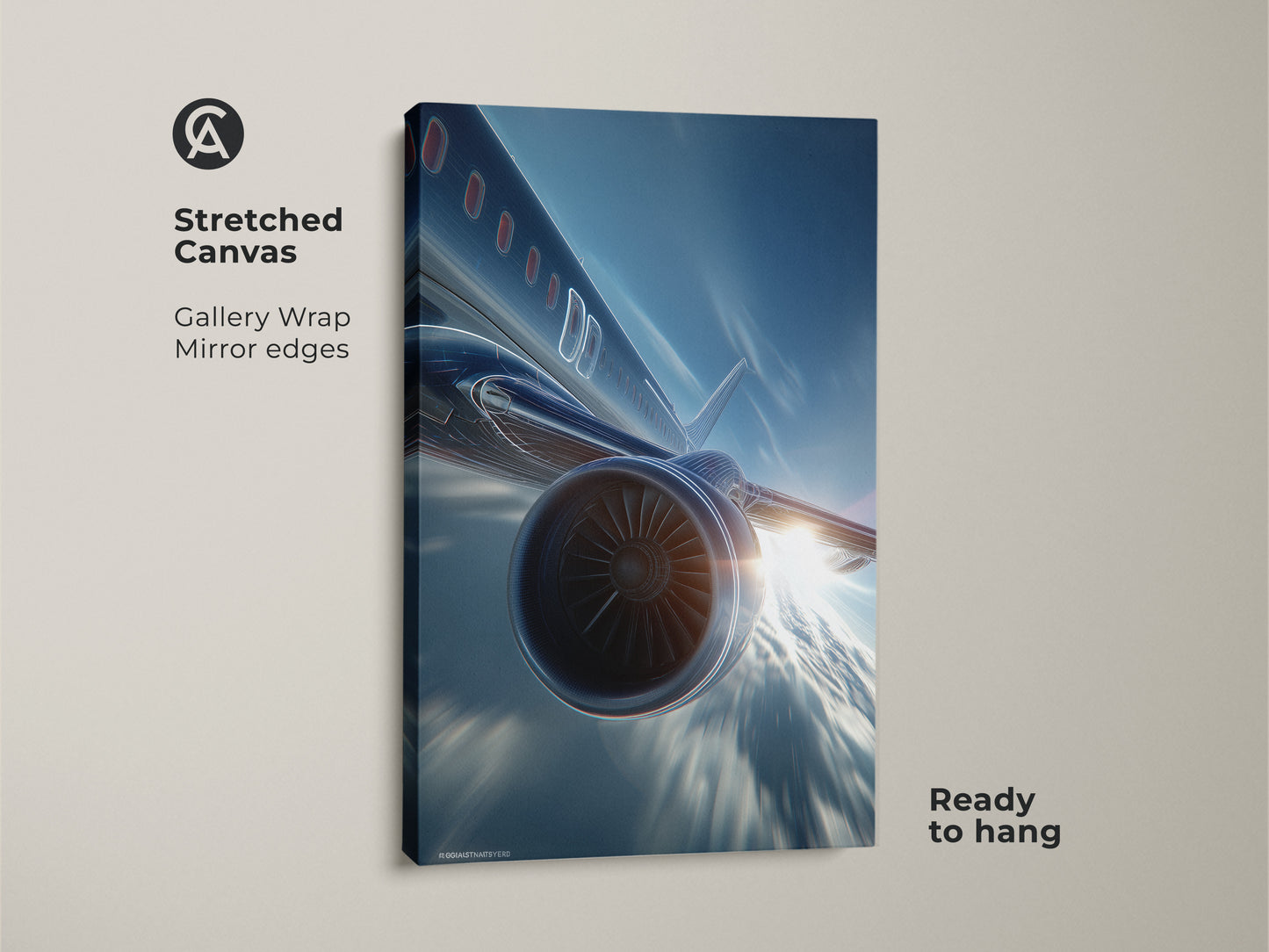 Stretched canvas art shows a futuristic jet engine against a blue sky. This modern airplane wall art is ready to hang with gallery wrapped edges. The aviation artwork is perfect as office wall decor. This sleek silver aircraft decor adds contemporary flair to any space.