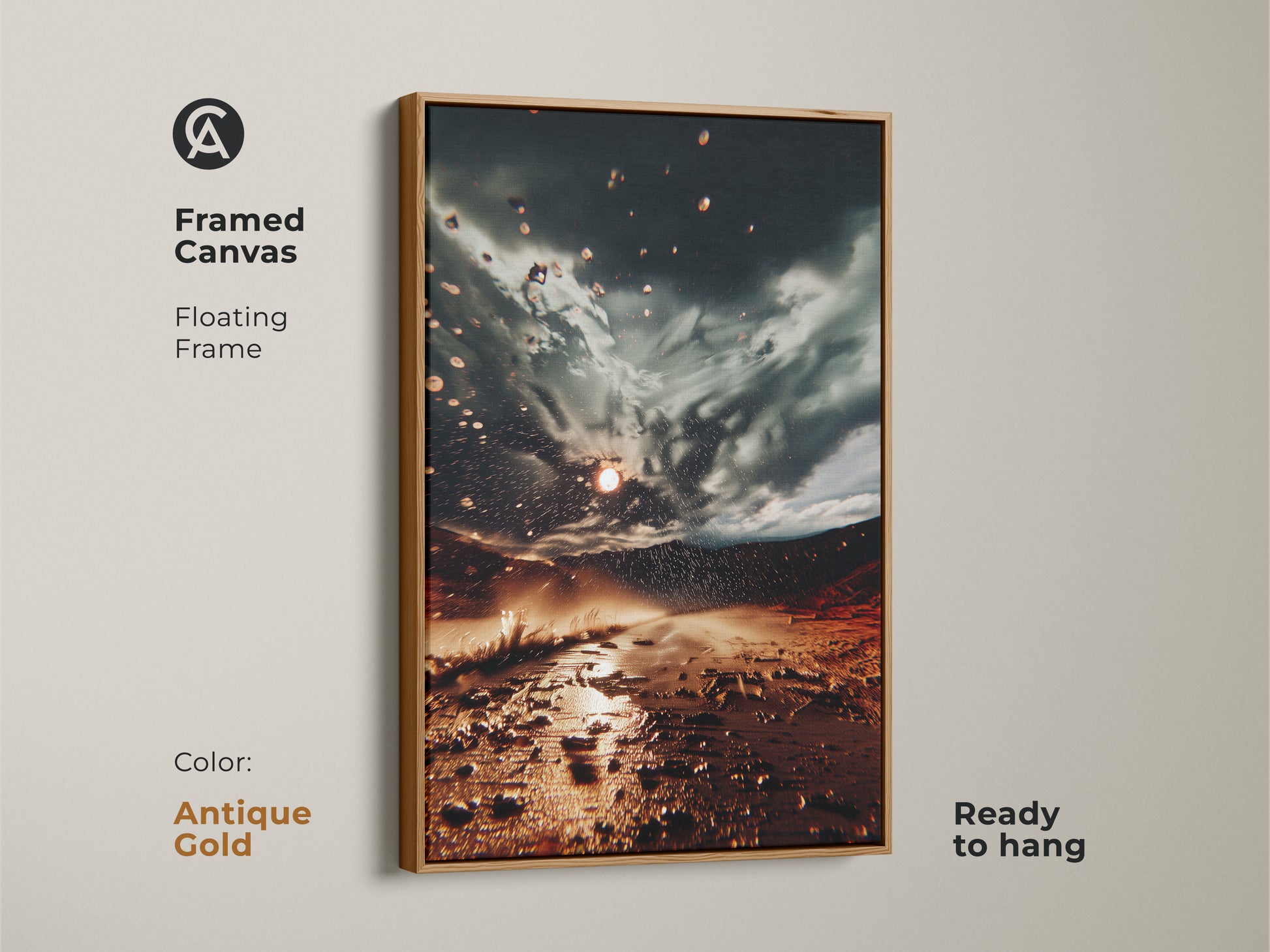 Framed Canvas with an antique gold floating frame displaying surreal desert storm canvas art. This eclectic home decor print is ready to hang. Find the perfect fine art landscape for your space.