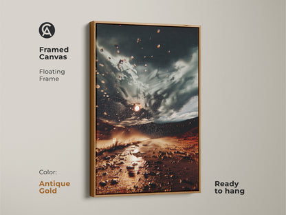 Framed Canvas with an antique gold floating frame displaying surreal desert storm canvas art. This eclectic home decor print is ready to hang. Find the perfect fine art landscape for your space.
