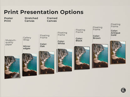 Explore print presentation options for coastal turquoise art. See poster stretched and framed canvas styles. Choose from floating frame colors oak white black brown and antique gold. Each style enhances the deep blue ocean canvas art differently.