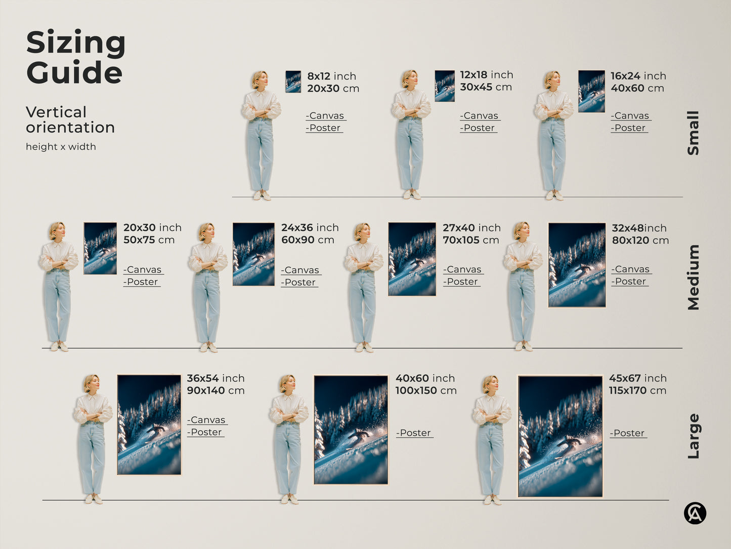 Find the perfect size for your ski artwork. This sizing guide shows the artwork in various vertical dimensions. Visualize how each size fits your space. Available in canvas and poster options to suit your style.