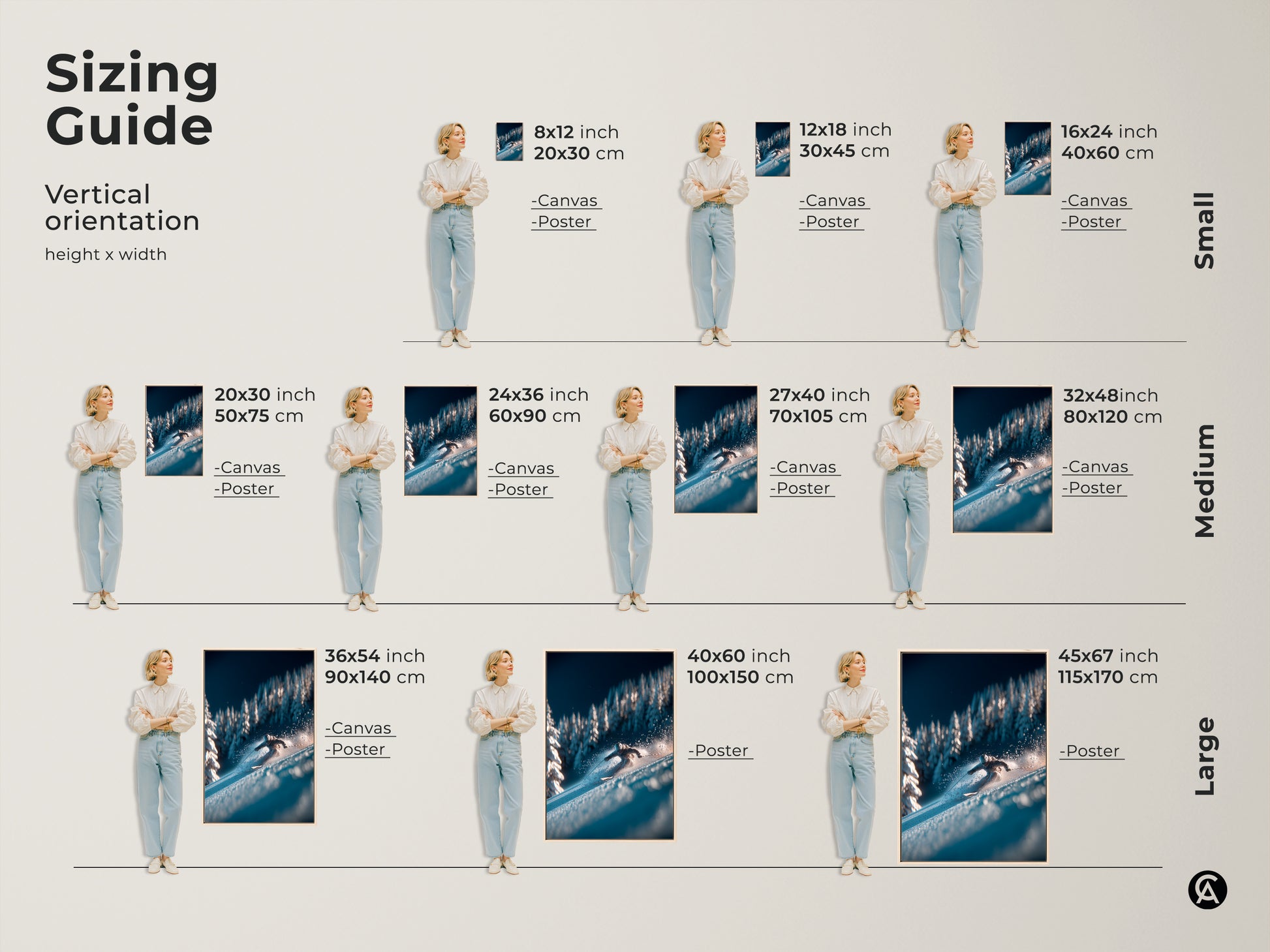 Find the perfect size for your ski artwork. This sizing guide shows the artwork in various vertical dimensions. Visualize how each size fits your space. Available in canvas and poster options to suit your style.