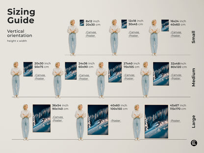 Find the perfect size for your ski artwork. This sizing guide shows the artwork in various vertical dimensions. Visualize how each size fits your space. Available in canvas and poster options to suit your style.