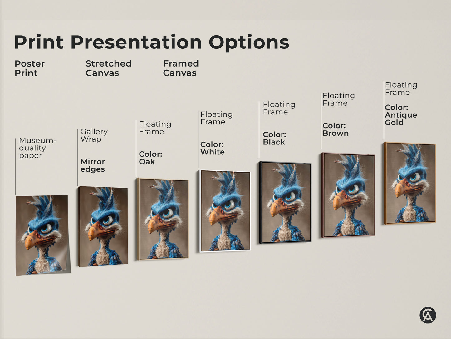Explore print presentation options for cartoon bird artwork. Choose from poster prints stretched canvas or framed canvas. Each option enhances the artwork's unique charm and vibrant colors.