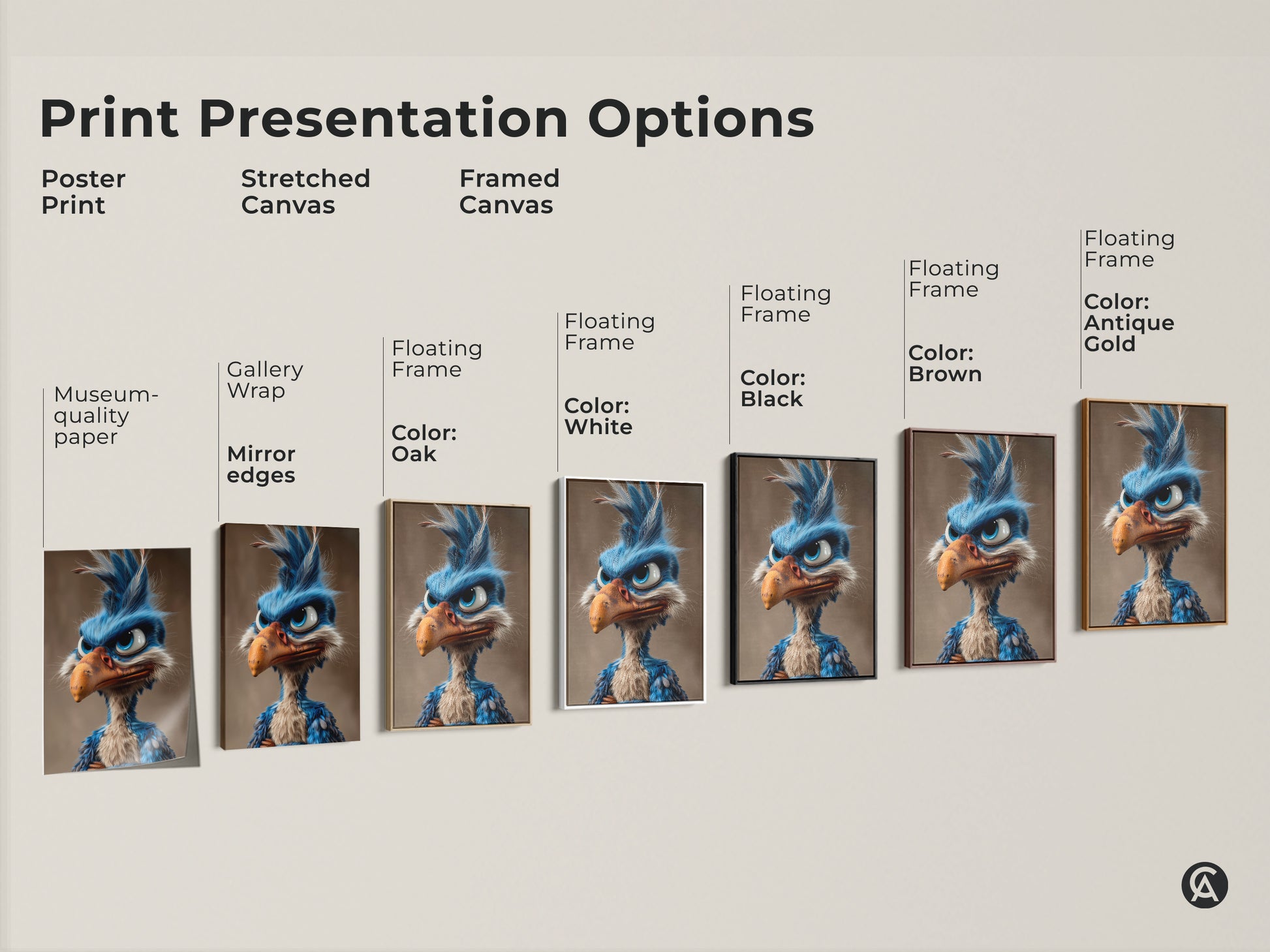 Explore print presentation options for cartoon bird artwork. Choose from poster prints stretched canvas or framed canvas. Each option enhances the artwork's unique charm and vibrant colors.