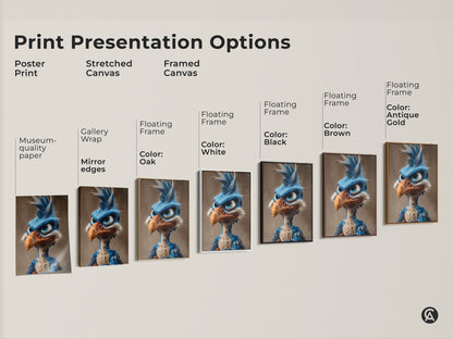 Explore print presentation options for cartoon bird artwork. Choose from poster prints stretched canvas or framed canvas. Each option enhances the artwork's unique charm and vibrant colors.