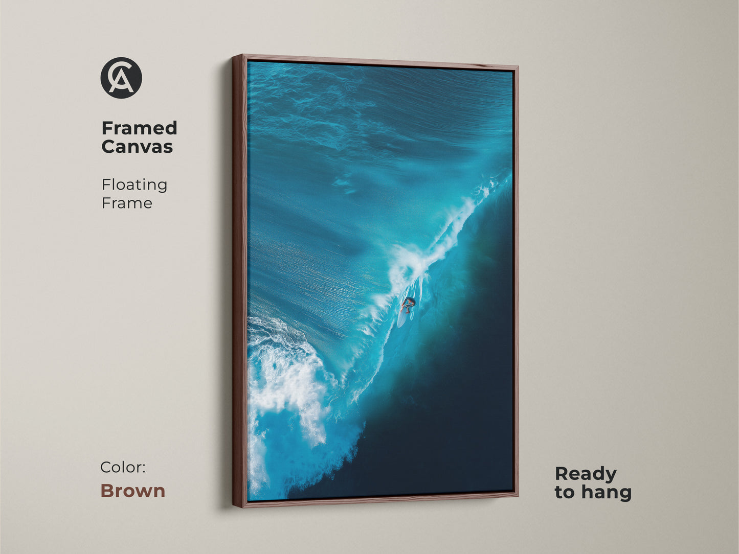 The framed canvas artwork shows a surfer riding a blue wave. The floating frame enhances its aesthetic. Available in brown this piece is ready to hang. It adds a touch of nature to any space. A perfect choice for modern surf art lovers
