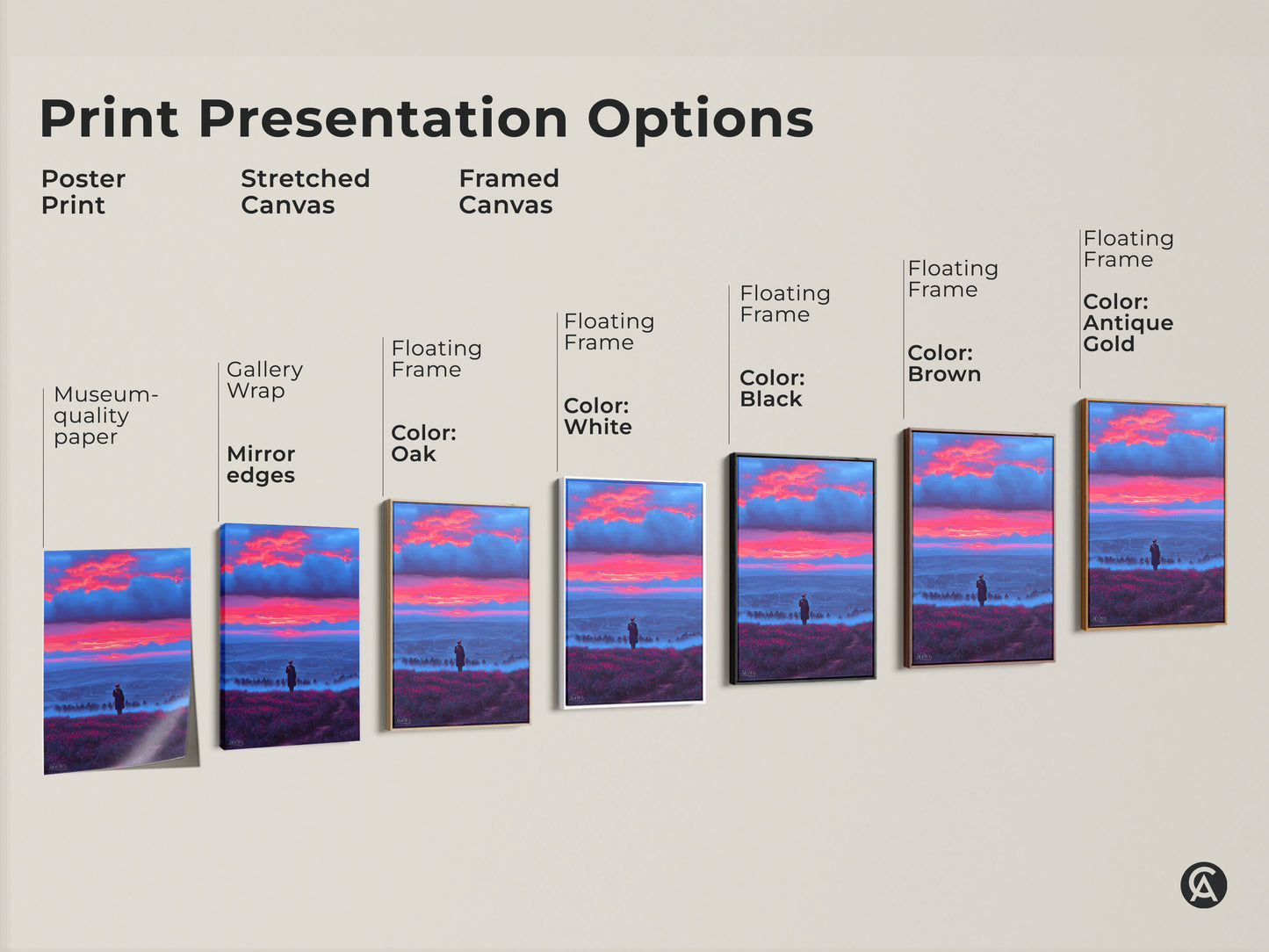 Explore print presentation options for surreal skyscape wall art. Choose from poster prints stretched canvas and framed canvas. Each features a lone figure overlooking a misty valley under a crimson and blue sunset. Perfect for eclectic home decor and artistic gifts.