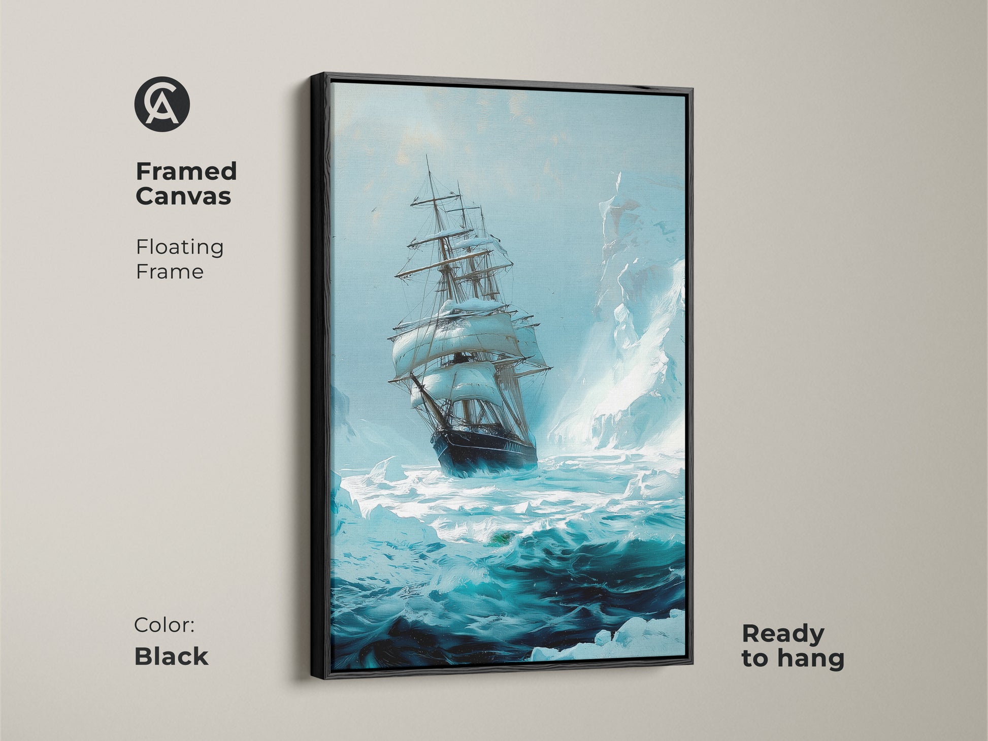 A framed canvas with a black floating frame features a tall ship artwork. This nautical canvas art is ready to hang. It showcases a vintage ocean sailboat amidst an iceberg maritime adventure. The deep teal blue tones add sophistication.